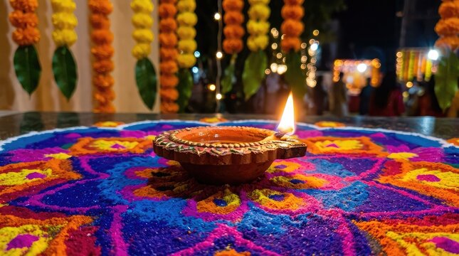 Diwali celebration traditional clay lamp and vibrant rangoli art display