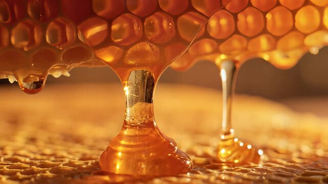 Golden honey dripping from honeycomb in macro closeup