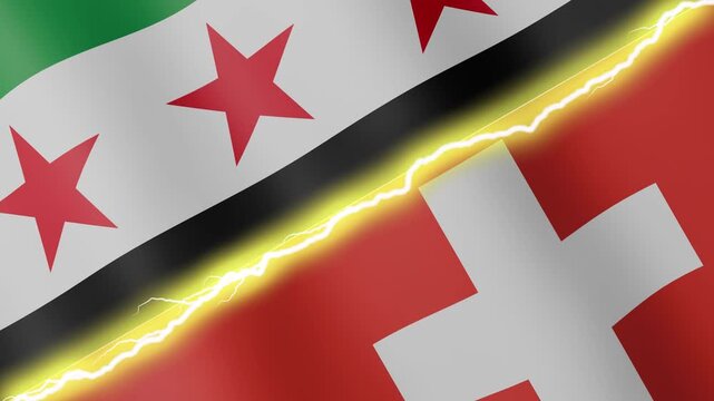 Two waving flags Syria and Switzerland with diagonal lightning seamless, 4k loop