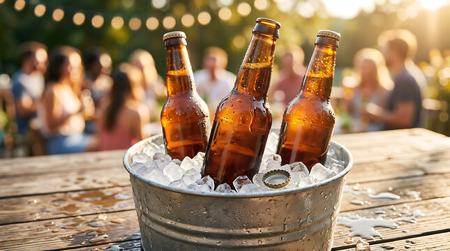 Close Up of Cold Beer Bottles in Ice Bucket on Summer Outdoor Table