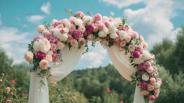 Vibrant floral wedding arch with pink and white roses and soft draped fabric outdoors.