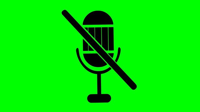Animated black muted microphone icon on a green screen chroma key background. Flat graphic video element for mute sound or silent audio status