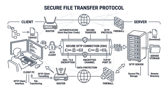 Network diagram showing secure file transfer protocol implementation between client and server systems