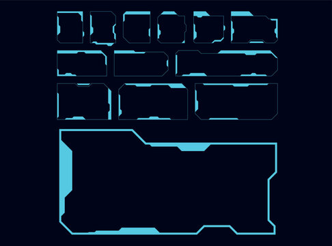 Set of futuristic blue digital interface frames for sci-fi HUD design and technology graphics.