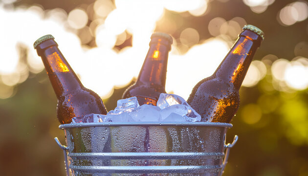 Close Up of Cold Beer Bottles in Ice Bucket on Summer Outdoor Table