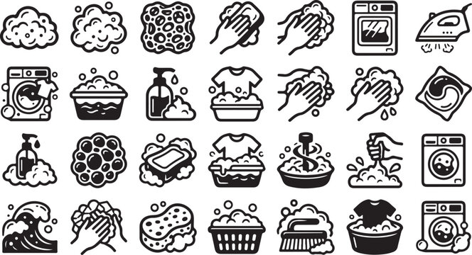 Set of laundry and washing icons with bubbles soap and cleaning tools in black and white style