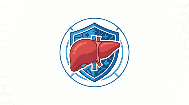 Stylized graphic illustration of a human liver inside a shield emblem, representing health and protection