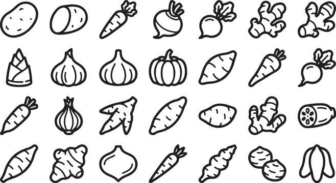 Set of hand drawn root vegetable icons featuring potatoes carrots garlic ginger and onions