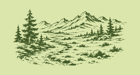 Fototapeta premium Mountain forest landscape sketch vector illustration with green hand drawn pine trees and wilderness scenery