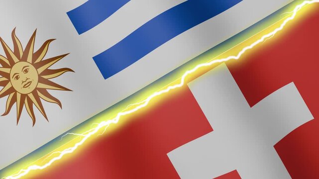 Two waving flags Uruguay and Switzerland with diagonal lightning seamless, 4k loop