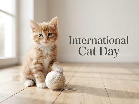 Cute orange kitten sitting next to a ball of yarn for international cat day celebration