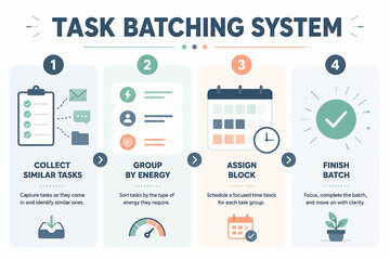 Obraz premium An infographic illustrates a four-step task batching system for organizing and completing work.
