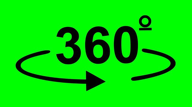Flat 360 degrees rotation symbol animation featuring hand drawn style graphics in black fill over a solid green screen chroma key background for video editing and keying projects