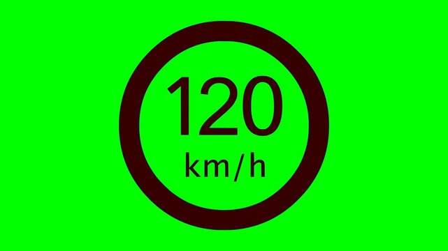Animated traffic sign icon showing maximum speed limit of 120 kmh with flashing red danger light warning illumination over green screen chroma key background for video editing production