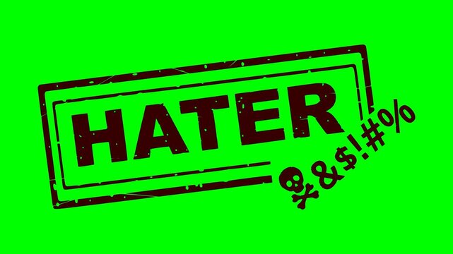 black stamp animation with hater text and swear symbols over a green screen chroma key background. Features a flashing red light illumination for editing
