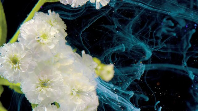 Close-up view of clustered white blossoms with pale centers and fine petals, surrounded by translucent teal swirls, drifting filaments, and glossy droplets against deep black background for elegant