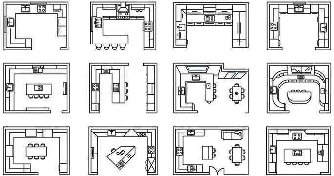 Residential Kitchen Layout Icons with Floor Plan Configurations Cabinet Arrangements Dining Islands and Home Interior Vector