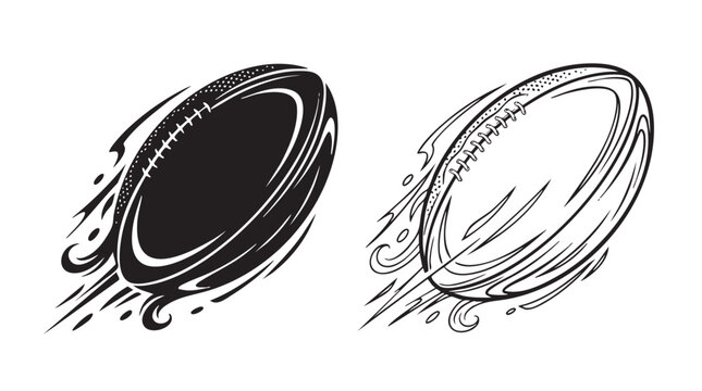 rugby ball black silhouette with line art vector illustration