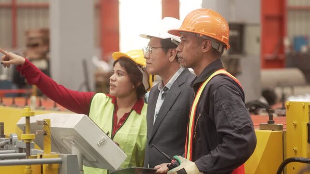 Asian factory executive in suit and female safety engineer reviewing production data on a digital tablet in a heavy machinery plant. Concept of smart factory, digital supply chain management, and indu