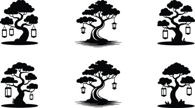 Japanese bonsai tree silhouettes vector collection featuring miniature trees with hanging lanterns isolated on a white background
