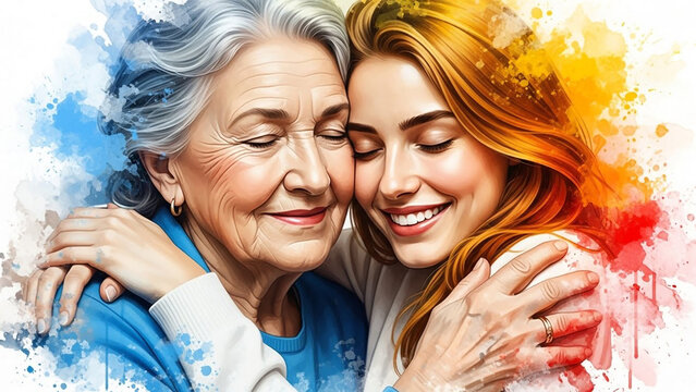 Smiling senior woman and young woman in colorful hug