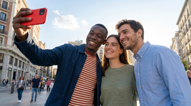 Three friends taking selfie with smartphone in summer outfits in city plaza