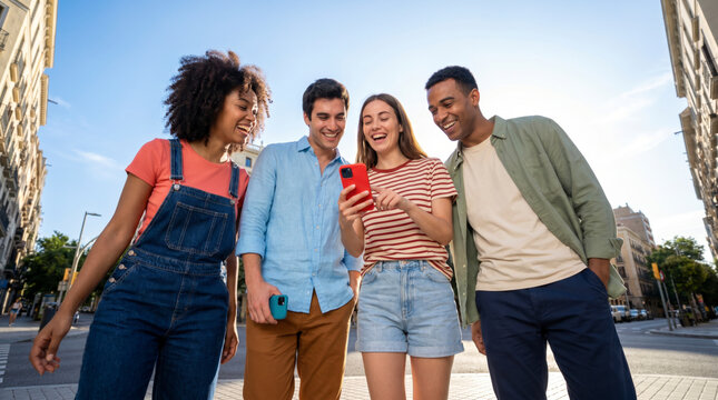 Four friends laughing at smartphone in summer outfits on bright city street