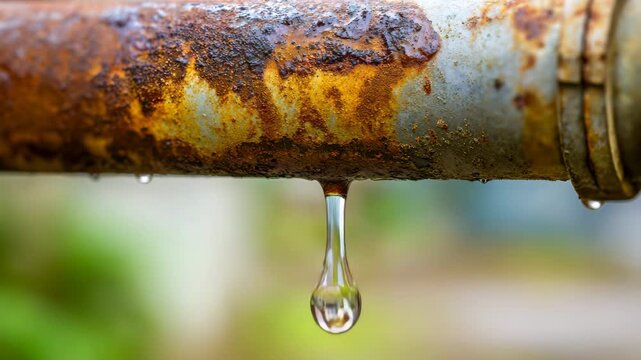 A close-up of a rusty metal pipe with a droplet of water hanging from its end. The pipe shows signs of corrosion and wear, indicating age and neglect.