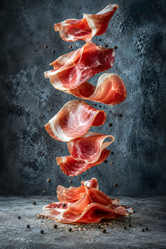 Prosciutto slices falling with black peppercorns on gray stone background