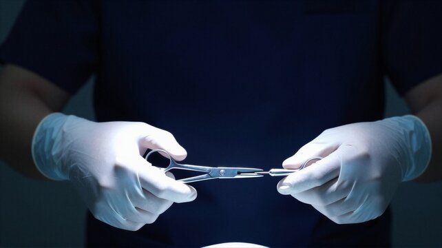 Gloved surgeon hands holding surgical scissors and metal instrument on dark blue medical background, close-up view of sterile preparation and precise