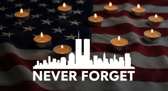 September 11 Memorial Tribute with American Flag, Candles and New York City Skyline Silhouette - Never Forget