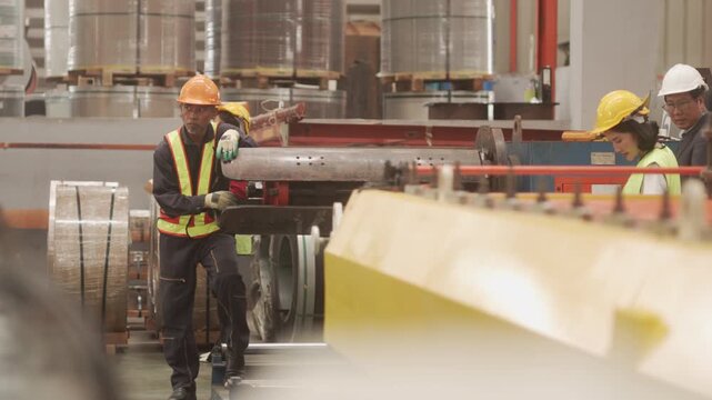 Close-up shot of an executive with a white safety helmet and a veteran technician inspecting steel components and machinery equipment. Demonstrating quality assurance, industrial maintenance, teamwork
