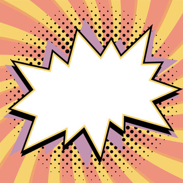 starburst comic text box with bold jagged bubble, gold and lavender on peach and yellow spiral background with black halftone dots. Retro vector comic background for headlines, promo text, sale.