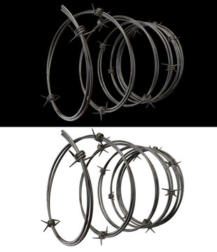 Barbed wire dense overlapping concentric coil cluster rendered in precise 3D metal. High quality heavy security spring barrier design isolated on a transparent background.
