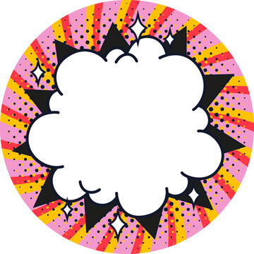 Circle sticker comic cloud with black starburst frame and halftone dots on pink, yellow and red radial rays. Comic sticker with bold outline and spark accents for sale labels, promo posters.