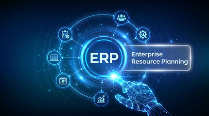 Obraz premium Robotic hand touching ERP enterprise resource planning system concept icon