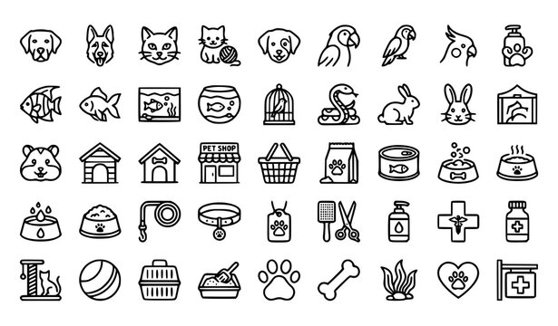 Pet Store Monochrome Line Icon Pack with Animal Supplies and Grooming Equipment
