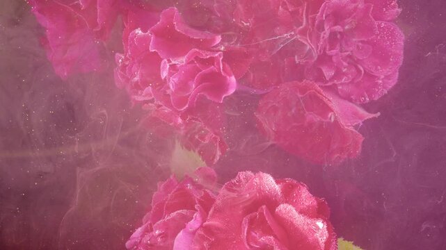 Close-up motion scene of magenta pink flower petals suspended in translucent fluid, with sparkling droplets, soft layered overlap, subtle drifting separation, and luminous tactile floral detail