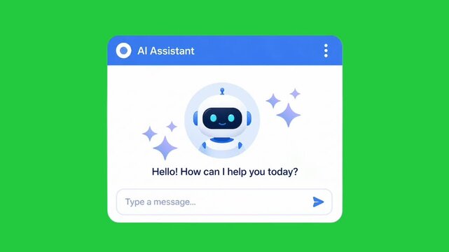 AI Chatbot Welcome Screen Animation with Virtual Assistant Greeting on Green Background