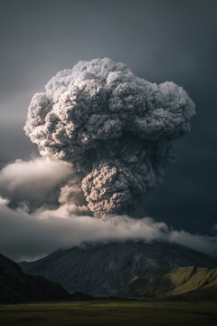 An epic, dramatic ground-level photograph of a massive erupting volcano billowing a giant mushroom cloud of ash and smoke into a grey, overcast sky filled with fog.