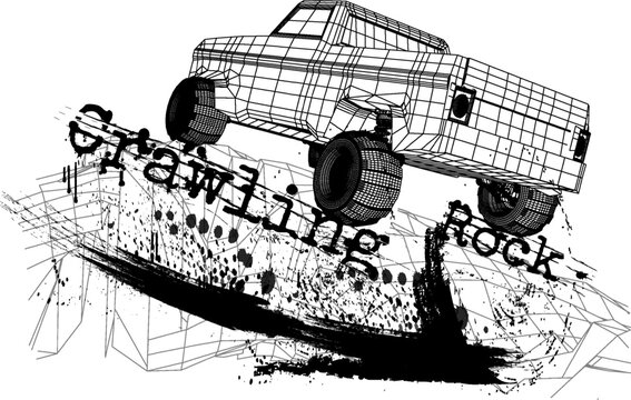 Car model design shows a truck climbing a rocky surface with a wireframe look and artistic elements