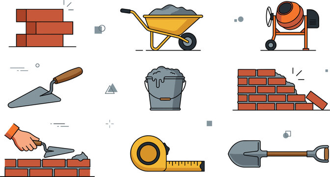 Construction building tools and masonry icons set featuring bricklayer equipment elements on white background
