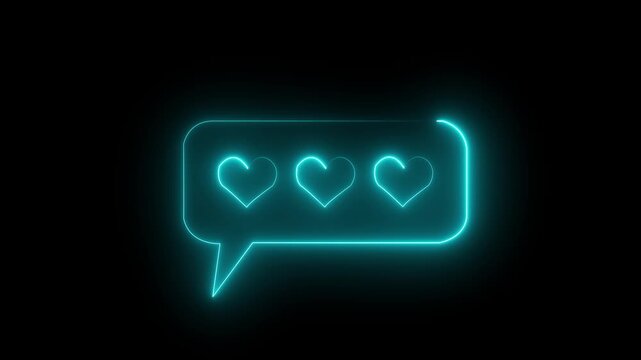 Glowing neon chat bubble with heart icon isolated on black background. Glowing neon Social media platform love react icon animation. neon Like and heart icon. social communication concept