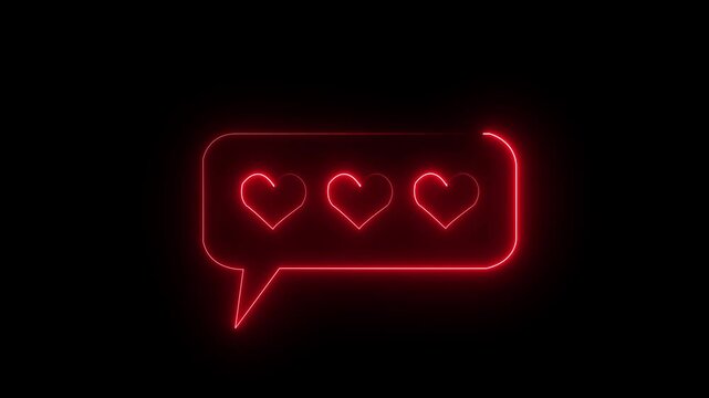 Glowing neon chat bubble with heart icon isolated on black background. Glowing neon Social media platform love react icon animation. neon Like and heart icon. social communication concept