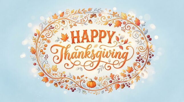 Happy thanksgiving day festive autumn wreath with pumpkins fall foliage