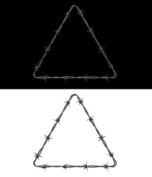 Barbed wire shaped into a sharp open V-angle structure with authentic 3D metallic nodes. High quality industrial protective border frame element isolated on a transparent background.
