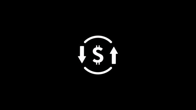 Dollar currency sign icon with up and down moving arrows loop animation on black background. Moving cost symbol dollar increase and decrease icon for financial market trends and currency volatility