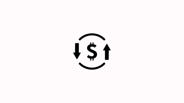 Dollar currency sign icon with up and down moving arrows loop animation on white background. Moving cost symbol dollar increase and decrease icon for financial market trends and currency volatility