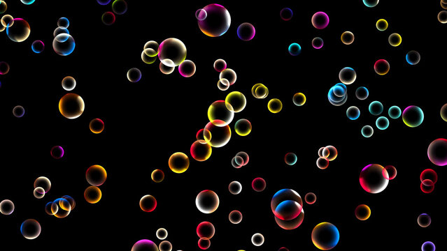 coloful rising bubbles isolated on black background, overlay texture template decoration for soap bubbles, molecules, chemistry and pharmacy, abstract wallpaper decor