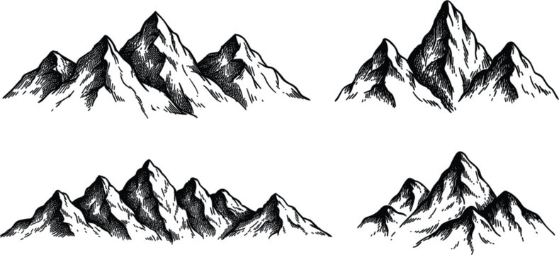 Hand drawn mountain range collection, vintage engraved wilderness peaks isolated black vector illustration for adventure design artwork